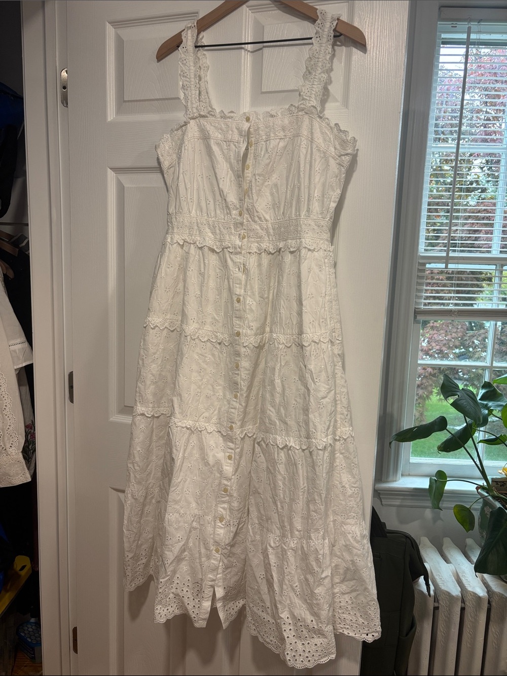 White Eyelet Button-Front Midi Dress with Lace Straps